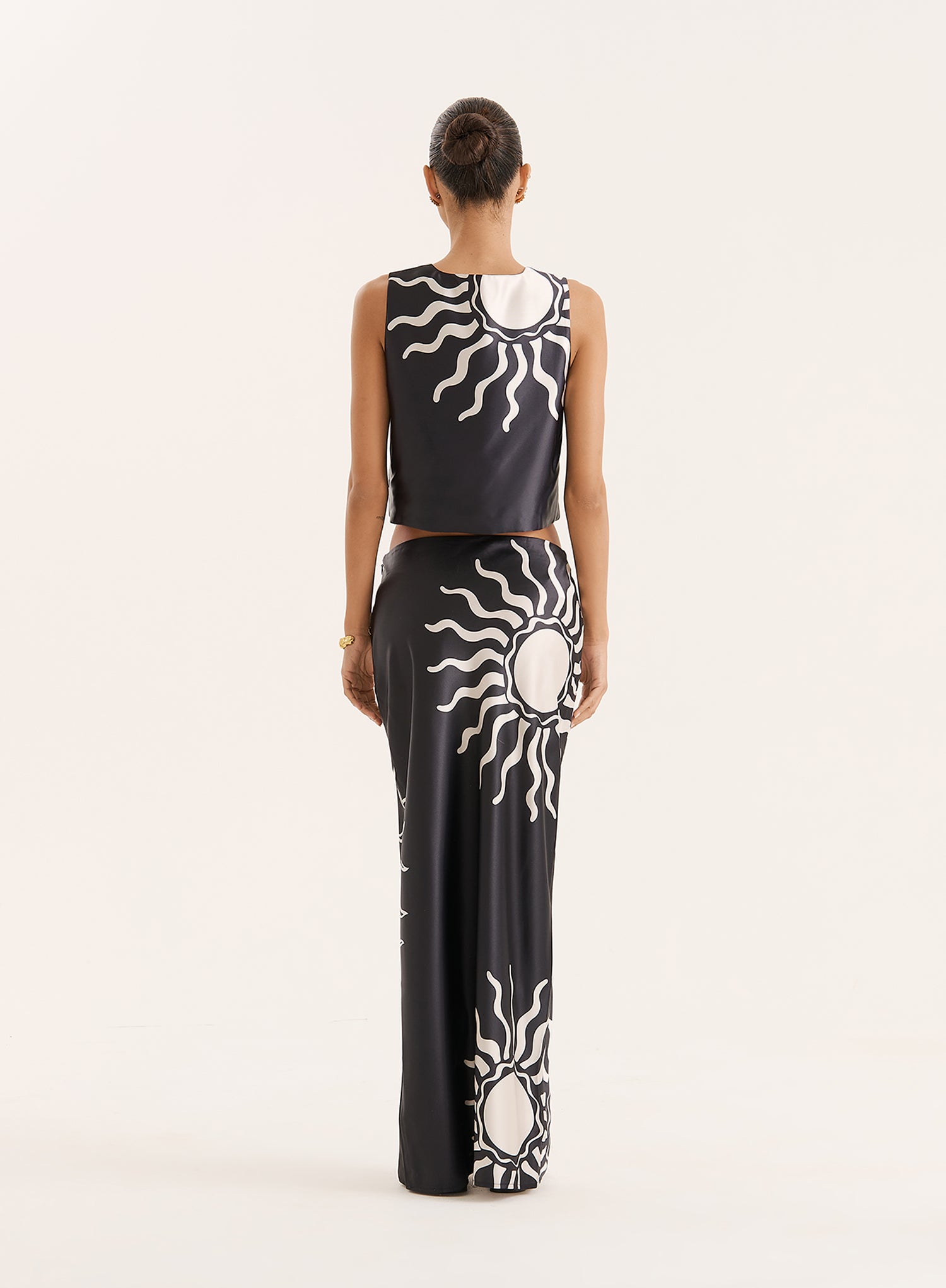 Black Sun Print Satin Tie Top